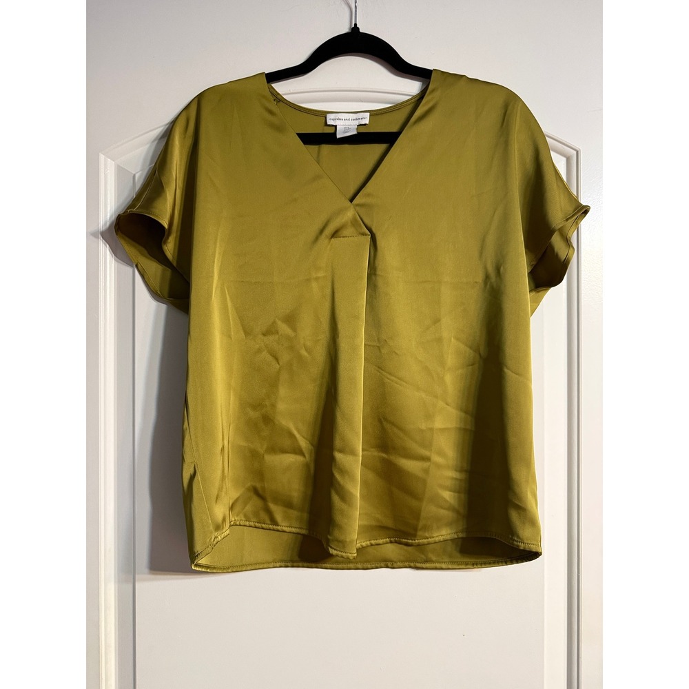 cupcakes and cashmere Blouse S Olive Gold Satin V-Neck Top Chic Elegant Silky